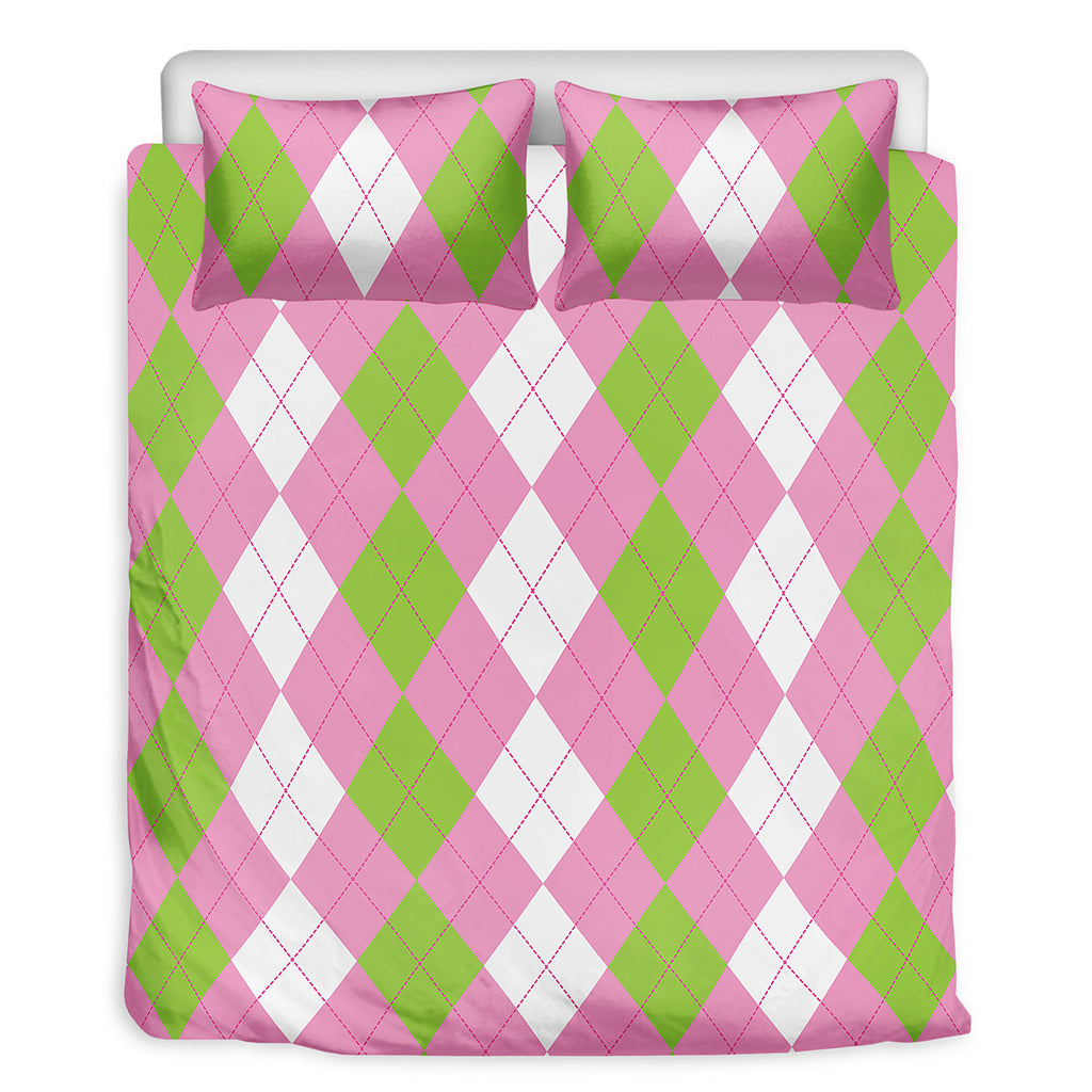 Green Pink And White Argyle Print Duvet Cover Bedding Set