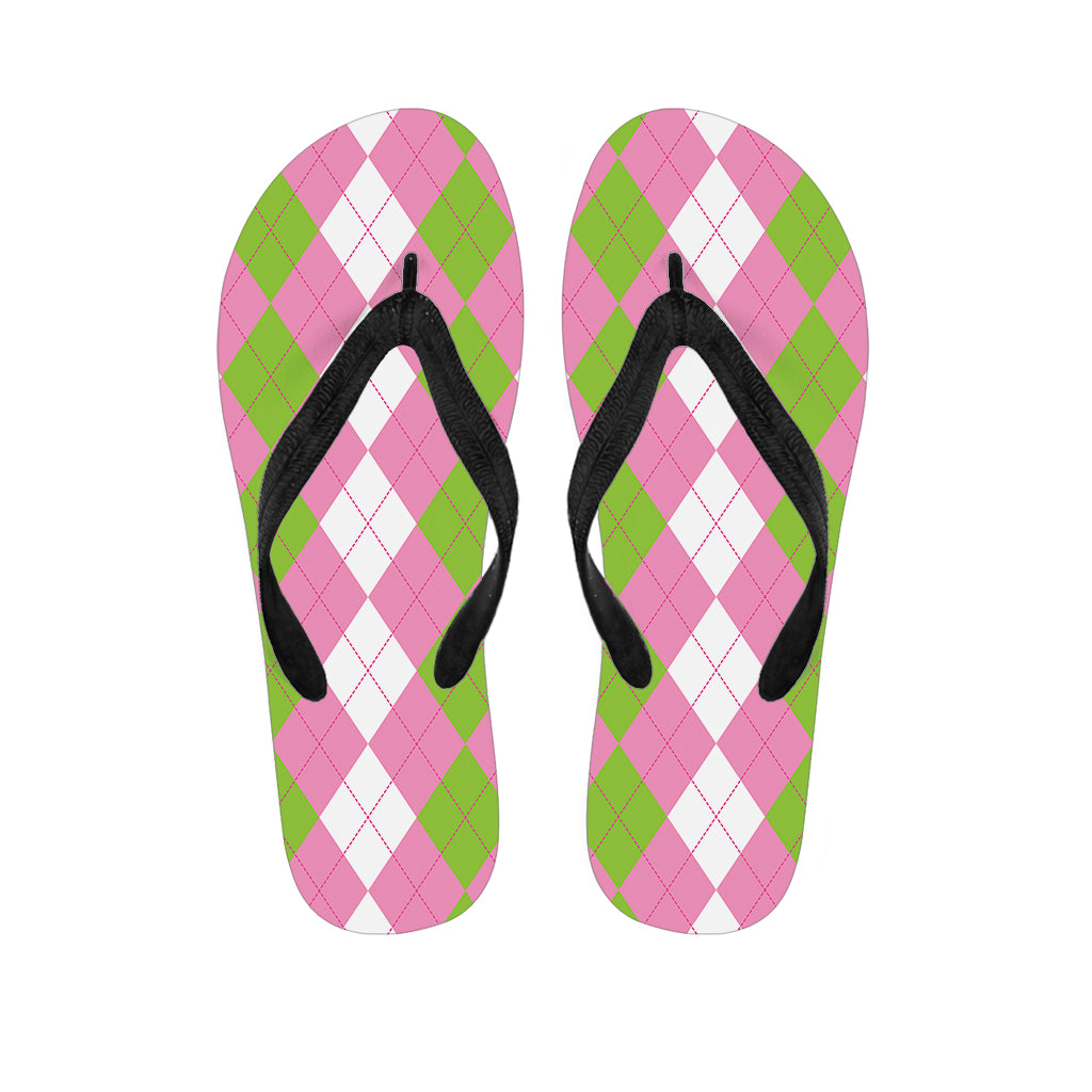 Green Pink And White Argyle Print Flip Flops