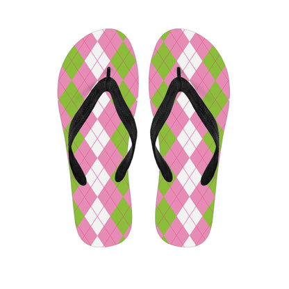 Green Pink And White Argyle Print Flip Flops