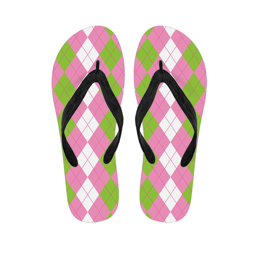 Green Pink And White Argyle Print Flip Flops
