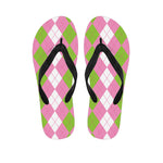 Green Pink And White Argyle Print Flip Flops