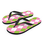 Green Pink And White Argyle Print Flip Flops