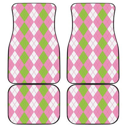 Green Pink And White Argyle Print Front and Back Car Floor Mats