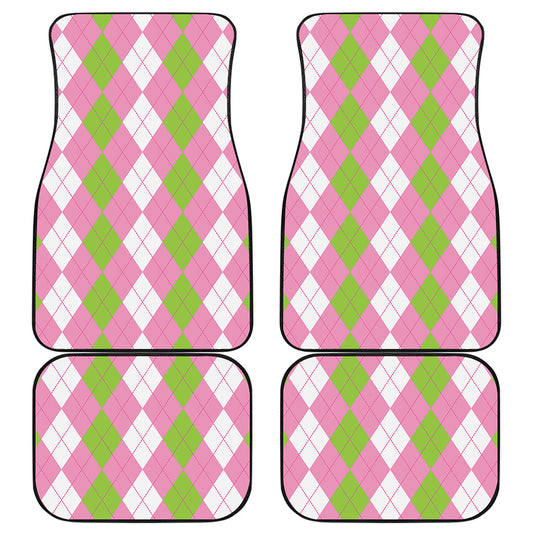 Green Pink And White Argyle Print Front and Back Car Floor Mats