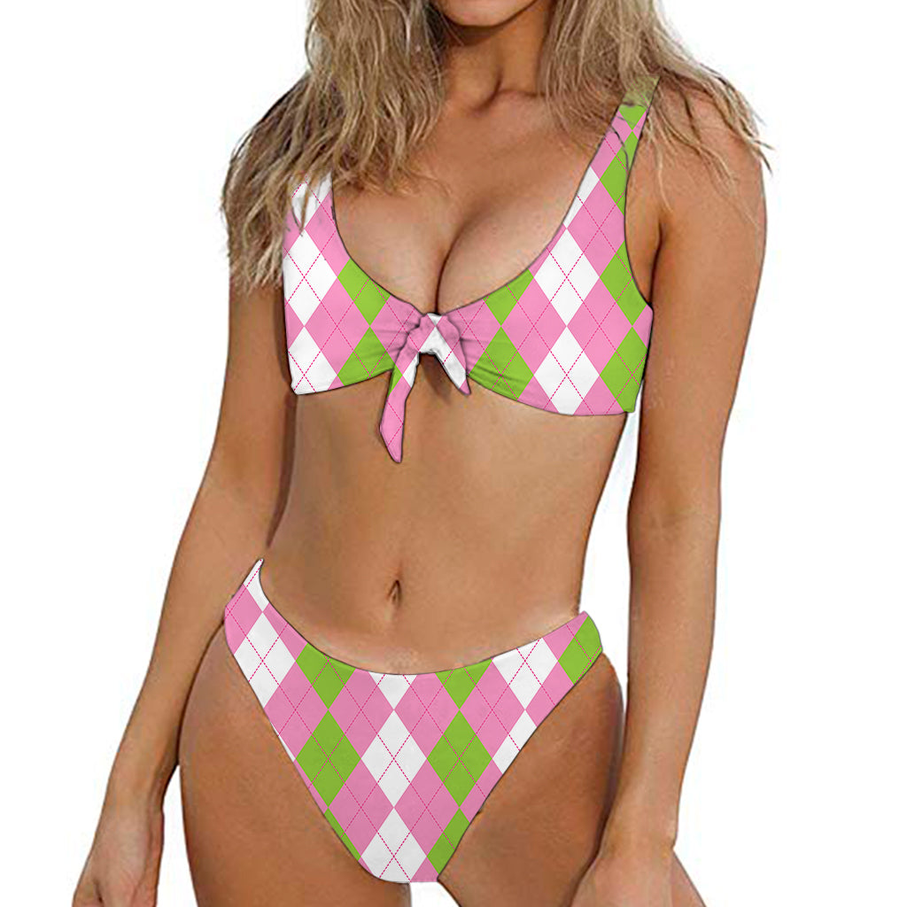 Green Pink And White Argyle Print Front Bow Tie Bikini