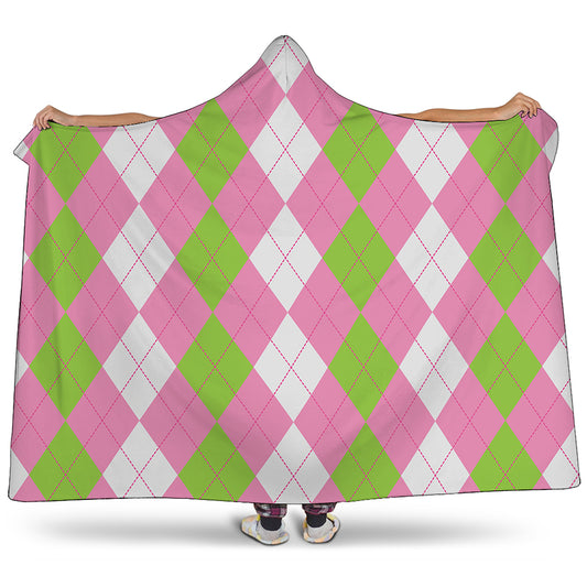 Green Pink And White Argyle Print Hooded Blanket