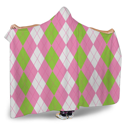Green Pink And White Argyle Print Hooded Blanket