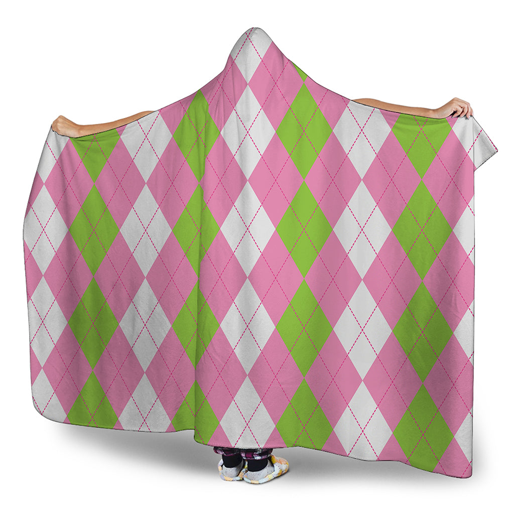 Green Pink And White Argyle Print Hooded Blanket
