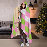 Green Pink And White Argyle Print Hooded Blanket