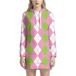 Green Pink And White Argyle Print Hoodie Dress