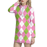 Green Pink And White Argyle Print Hoodie Dress
