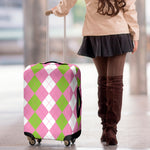 Green Pink And White Argyle Print Luggage Cover