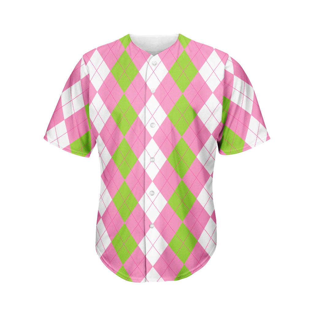 Green Pink And White Argyle Print Men's Baseball Jersey