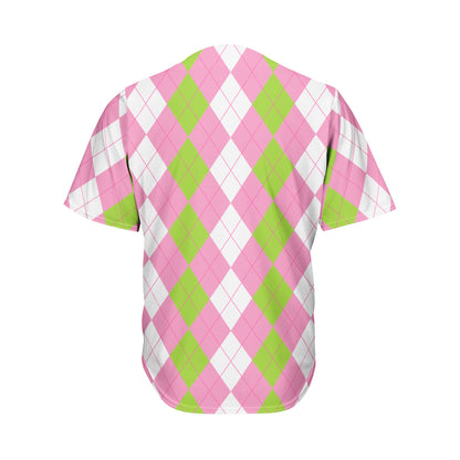 Green Pink And White Argyle Print Men's Baseball Jersey