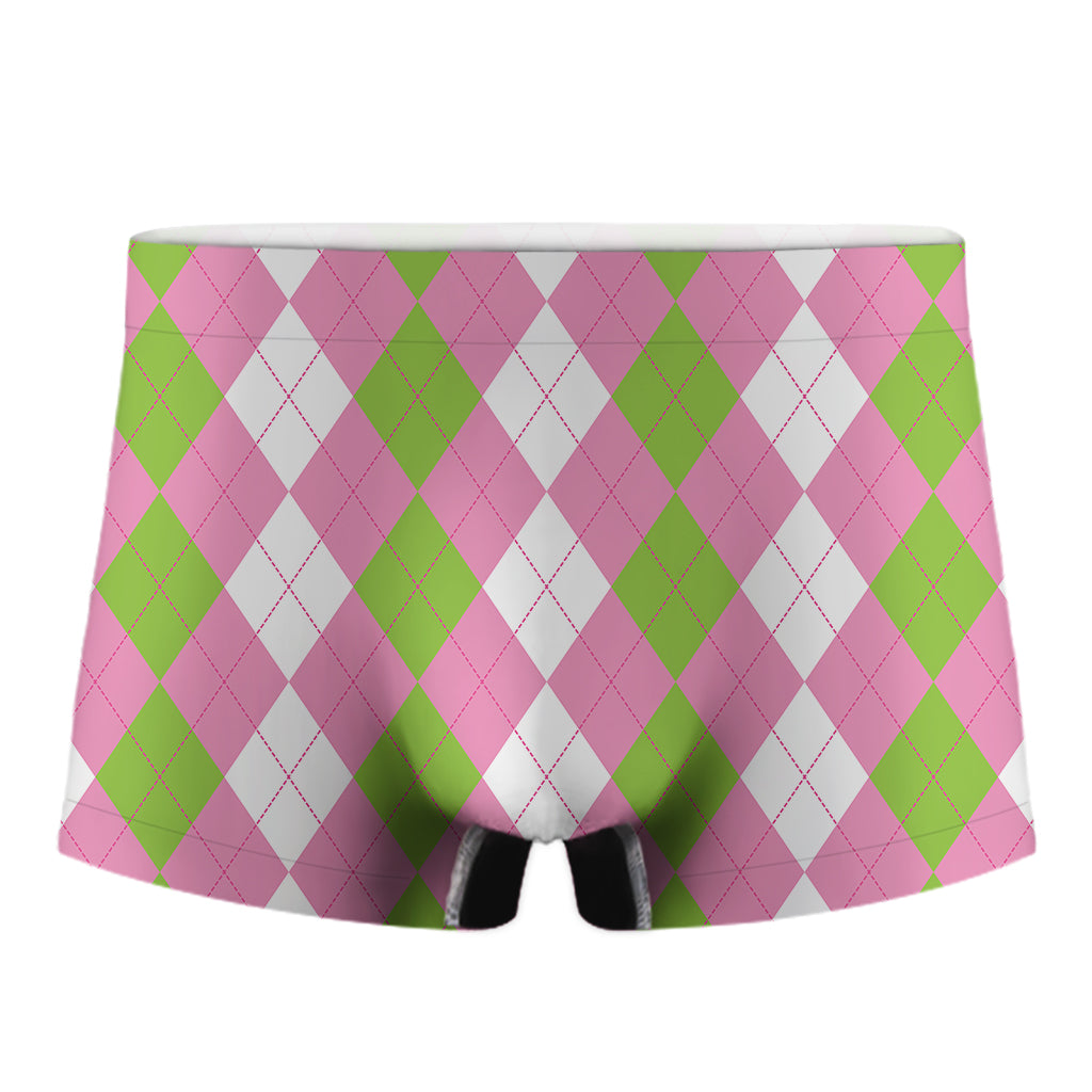 Green Pink And White Argyle Print Men's Boxer Briefs