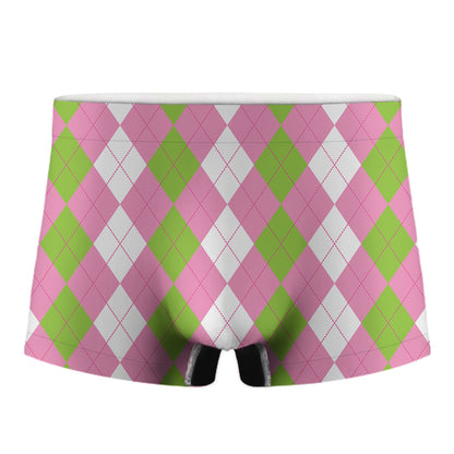 Green Pink And White Argyle Print Men's Boxer Briefs
