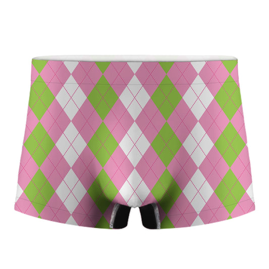 Green Pink And White Argyle Print Men's Boxer Briefs