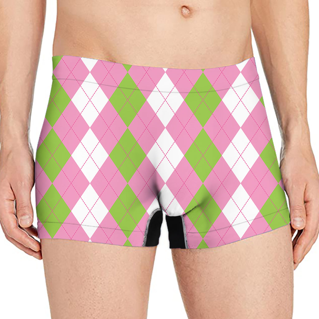 Green Pink And White Argyle Print Men's Boxer Briefs