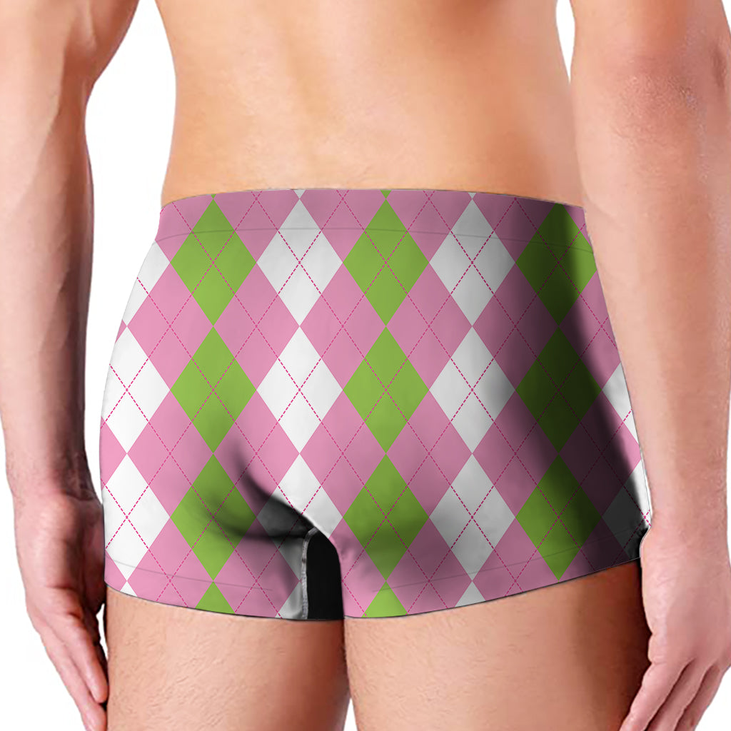 Green Pink And White Argyle Print Men's Boxer Briefs