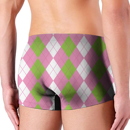 Green Pink And White Argyle Print Men's Boxer Briefs