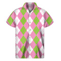 Green Pink And White Argyle Print Men's Short Sleeve Shirt