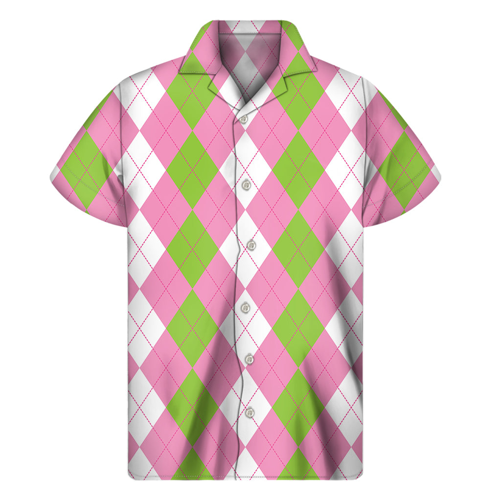 Green Pink And White Argyle Print Men's Short Sleeve Shirt