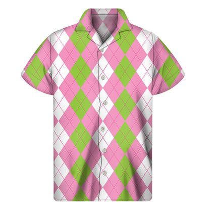 Green Pink And White Argyle Print Men's Short Sleeve Shirt
