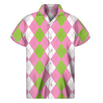 Green Pink And White Argyle Print Men's Short Sleeve Shirt