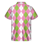 Green Pink And White Argyle Print Men's Short Sleeve Shirt
