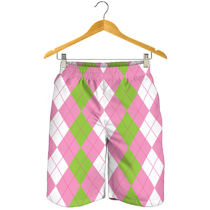 Green Pink And White Argyle Print Men's Shorts