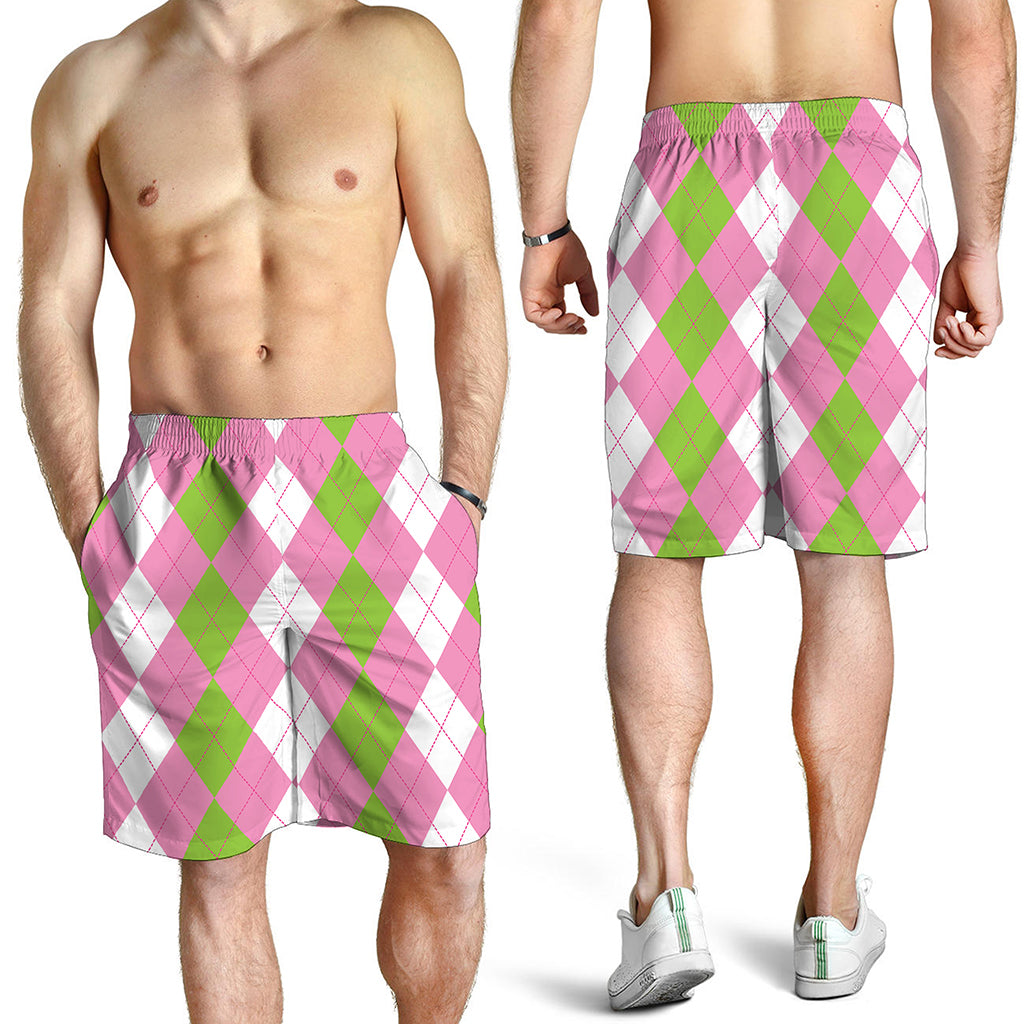 Green Pink And White Argyle Print Men's Shorts