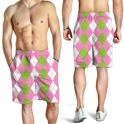 Green Pink And White Argyle Print Men's Shorts