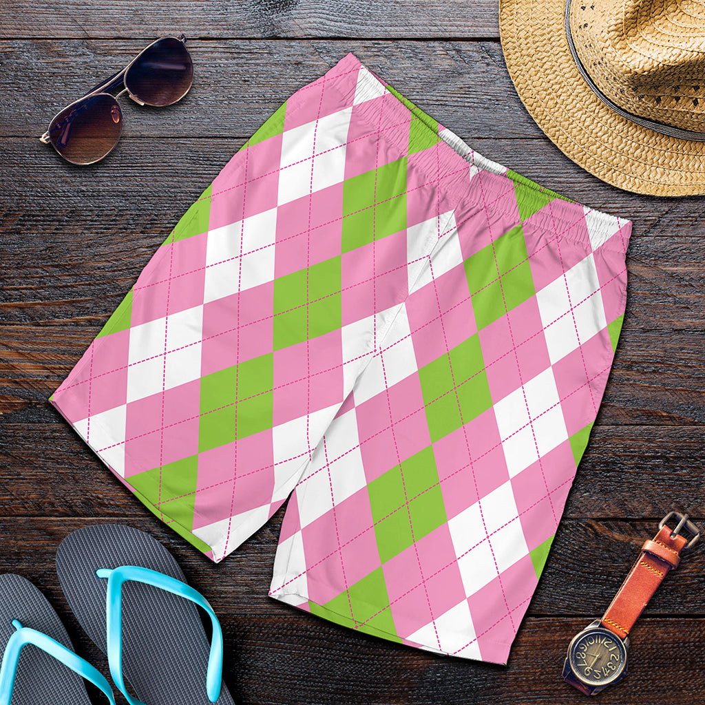 Green Pink And White Argyle Print Men's Shorts