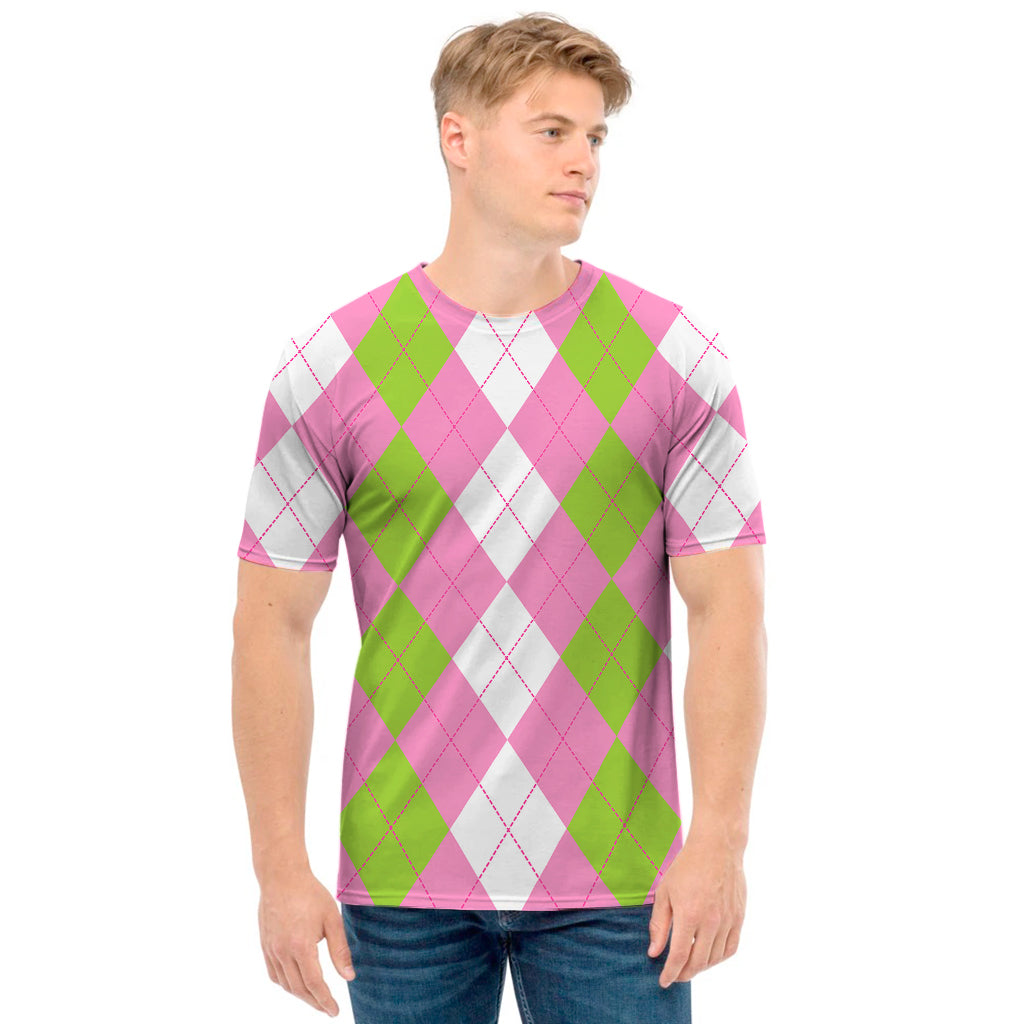 Green Pink And White Argyle Print Men's T-Shirt