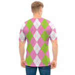 Green Pink And White Argyle Print Men's T-Shirt