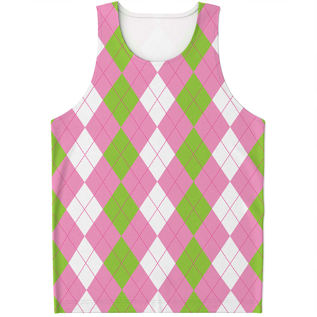 Green Pink And White Argyle Print Men's Tank Top