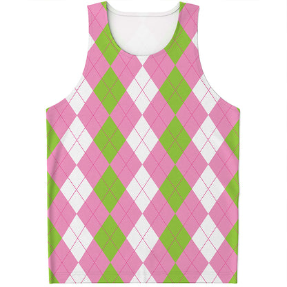 Green Pink And White Argyle Print Men's Tank Top
