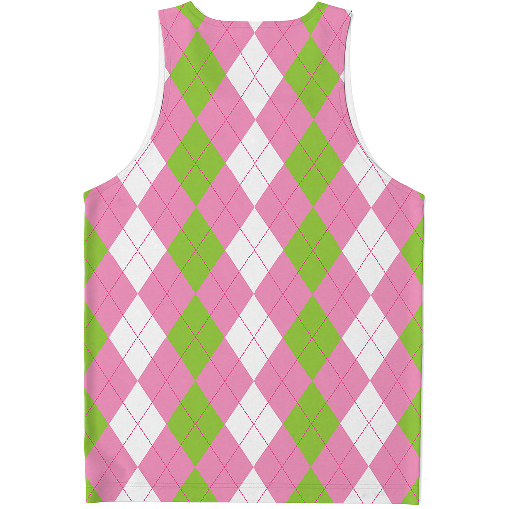 Green Pink And White Argyle Print Men's Tank Top