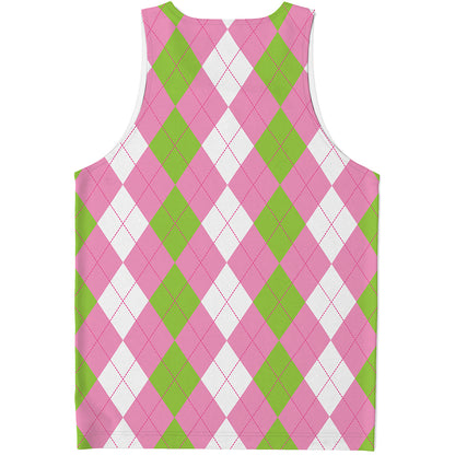 Green Pink And White Argyle Print Men's Tank Top