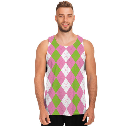 Green Pink And White Argyle Print Men's Tank Top