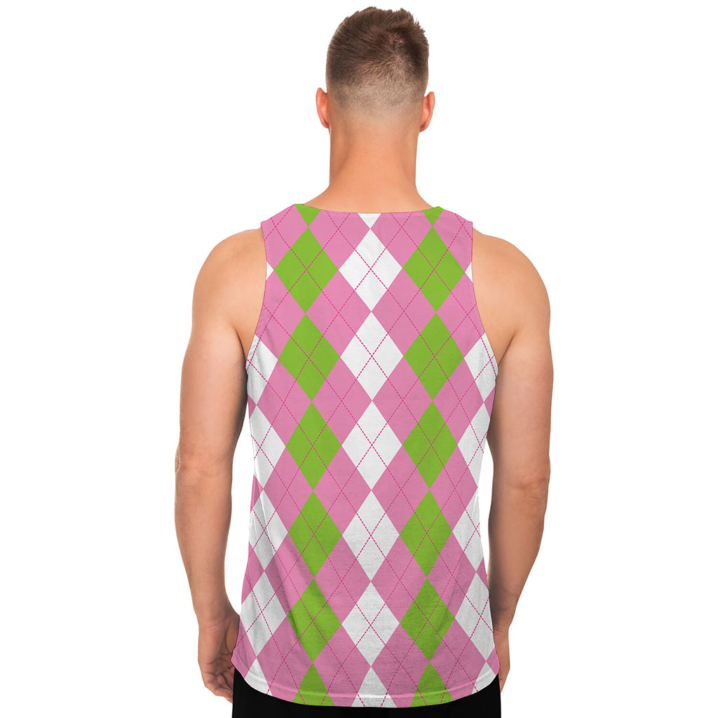 Green Pink And White Argyle Print Men's Tank Top