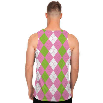 Green Pink And White Argyle Print Men's Tank Top