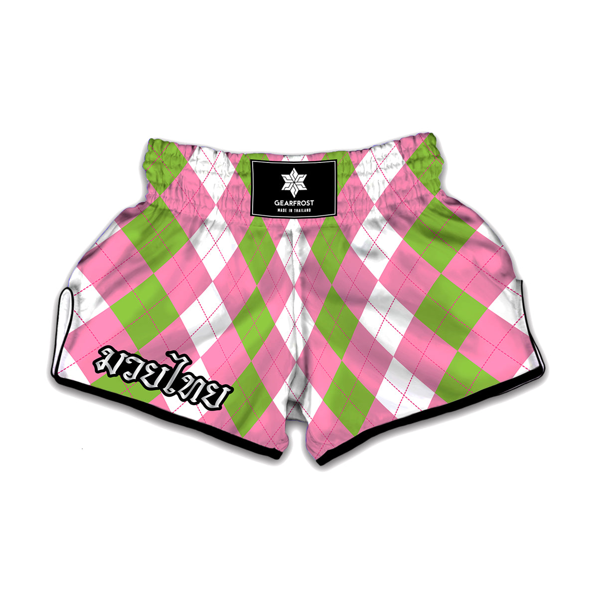 Green Pink And White Argyle Print Muay Thai Boxing Shorts