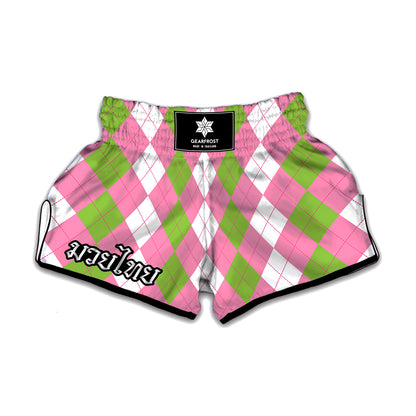 Green Pink And White Argyle Print Muay Thai Boxing Shorts