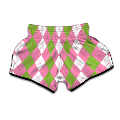 Green Pink And White Argyle Print Muay Thai Boxing Shorts