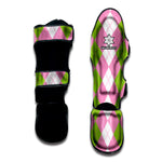 Green Pink And White Argyle Print Muay Thai Shin Guard