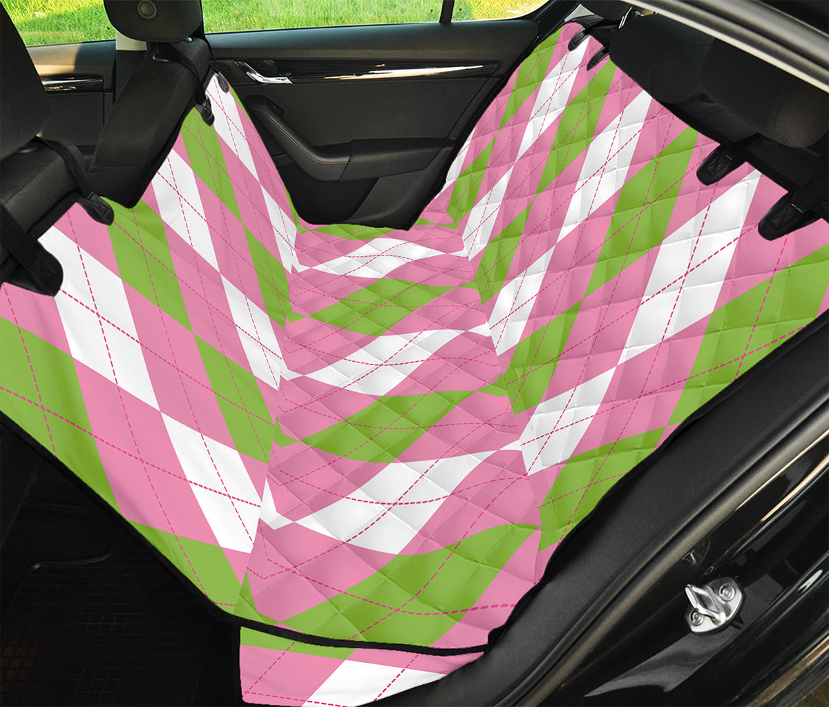 Green Pink And White Argyle Print Pet Car Back Seat Cover