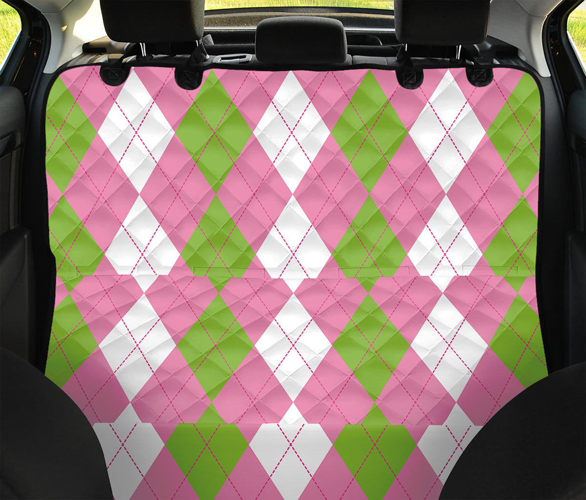 Green Pink And White Argyle Print Pet Car Back Seat Cover