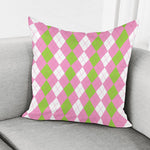 Green Pink And White Argyle Print Pillow Cover