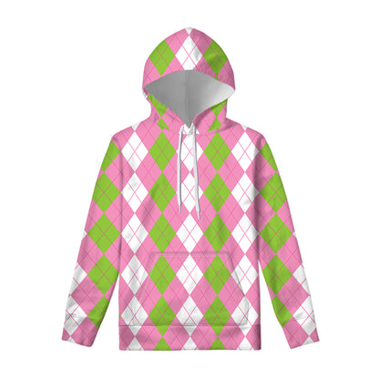 Green Pink And White Argyle Print Pullover Hoodie